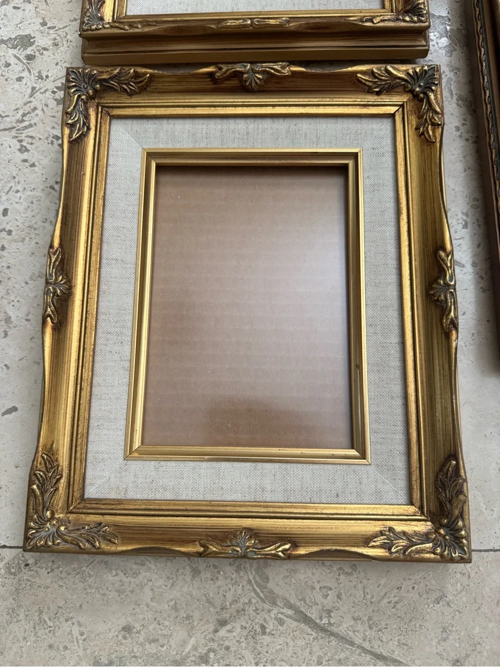 Set of 3 Gold Ornate Wood Picture Frames Linen Liner Fits 5x7 Picture